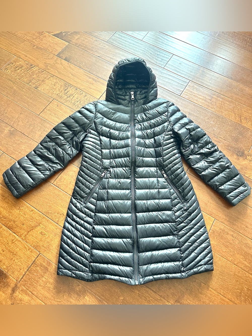 Calvin Klein XL Black Packable Premium Down Long Puffer Coat Hooded - Picture 2 of 11